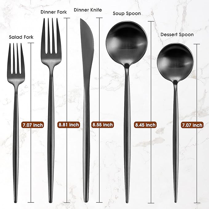 Matte Black Silverware Set for 4, IBIILII JEFF 20 Pieces Stainless Steel Flatware Set，Kitchen Utensil Set, Tableware Cutlery Set, Knife Spoons And Forks Set, Satin Finished Polished & Dishwasher Safe