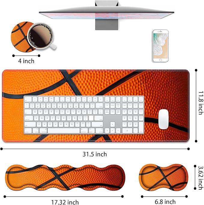 4 in 1 Ergonomic Keyboard Wrist Rest & Mouse Pad Wrist Rest Set, Large XXL Gaming Desk Mat 31.5"x 11.8" with Non-Slip Base, Memory Foam for Home Office Study Gaming, Basketball Surface