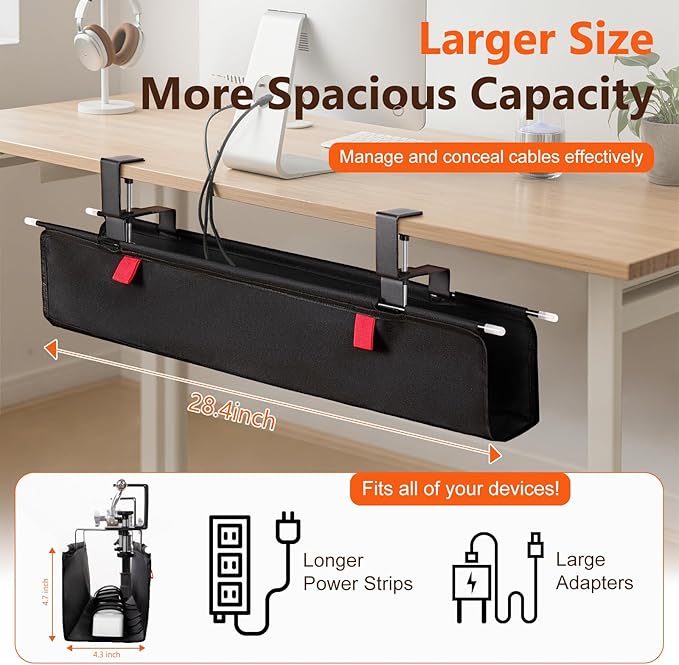 No Drill Under Desk Cable Management Tray - 28" Cord Management Under Desk - No Drill Needed - Easy Clamp - Premium Fabric Cable Management Tray for Office/Home