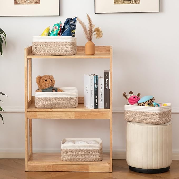 OIAHOMY 4 Pack Storage Baskets for Organizing, Small Bins for Shelves, Cute Decorative Storage Bins, Organizer Baskets for Gifts Empty, 13.8''Lx9.8''Wx5.5''H, Brown/White