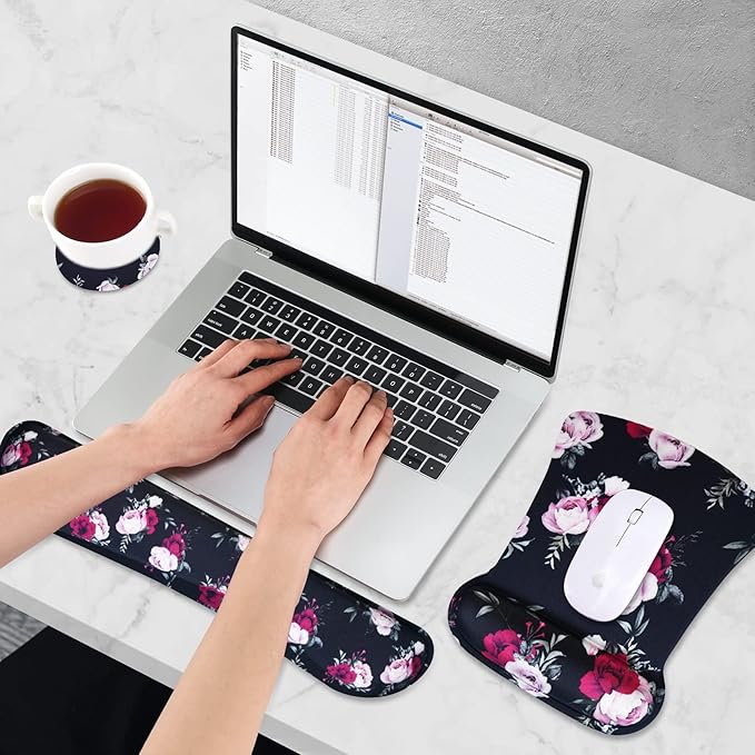 AIMSA Ergonomic Keyboard Wrist Rest and Mouse Pad with Wrist Support Set, Memory Foam Non-Slip Rubber Base, for Home, Office, Easy Typing, Pain Relief, Peony Flowers