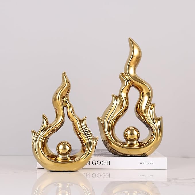 2 Pcs Gold Ceramic Sculptures for Home Decor, Modern Abstract Art Statues, Centerpieces for Dining Room Table, Living Room, Shelf, Mantel, Coffee Table, Entryway Accent Decorations