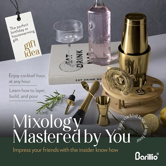 Barillio Gold Mixology Bartender Kit with Stand - Cocktail Shaker Set with Bamboo Stand, Boston Drink Shaker, Mojito Muddler, and Drink Mixer Spoon - 9-Piece Bar Tools Set - Bar Accessories for Home