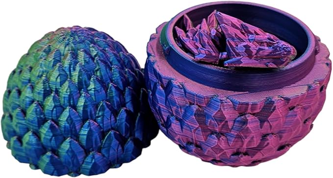 3D Printed Dragon Egg Articulating Gemstone Dragon Fidget Figurine - Vibrant Color Dragons Flexible ADHD, Autism and Anxiety Relief - Articulated Joints (Blue Green Purple)