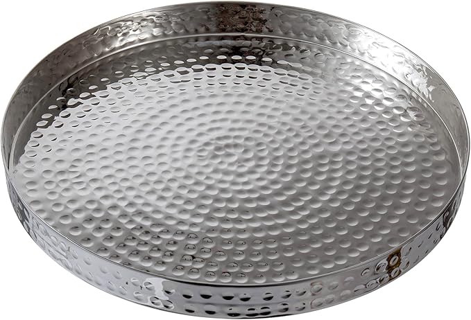 MyGift 11 Inch Deluxe Hammered Silver Round Decorative Tray - Aluminum Plated Serving Display Platter and Vanity Tray - Handcrafted in India