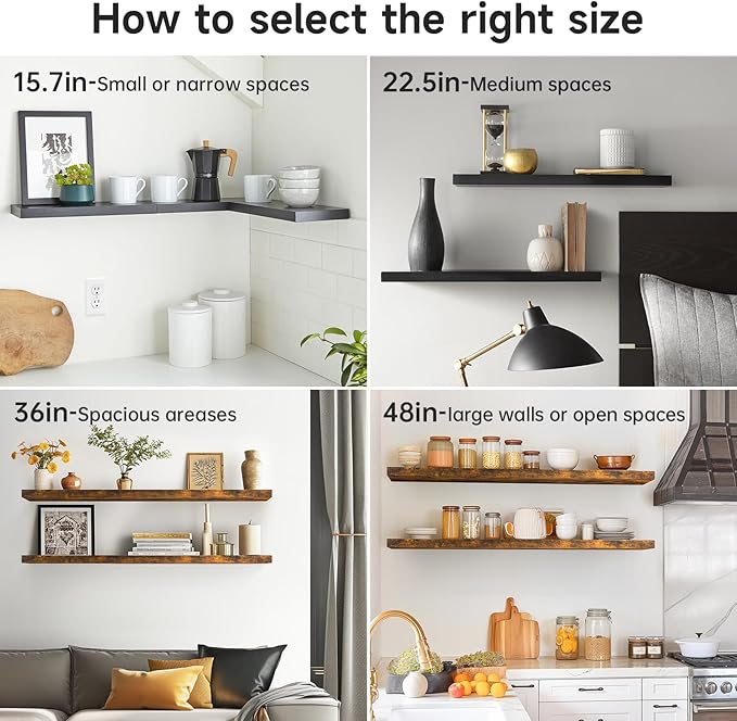 BAYKA Floating Shelves, 36 inch Wall Mounted Rustic Wood Shelves for Bathroom, Bedroom, Living Room, Kitchen, Office, Hanging Shelf for Books/Storage/Decor(Black,Set of 2)