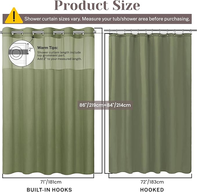 No Hook Slub Textured Shower Curtain with Snap in Liner - Sage Green Fabric Outer Curtain & Waterproof Inner Liner, Hotel Style with See Through Top Window, 71x86 in