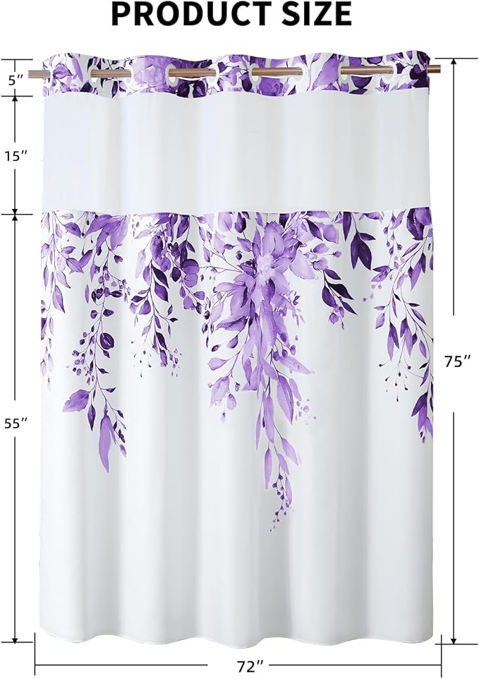 QiyI No Hook Shower Curtain with Snap in Fabric Liner, Purple Eucalyptus Shower Curtain with See Through Top Window, Waterproof Washable Cloth Ringless Shower Curtain Set for Bathroom, 72 x 75