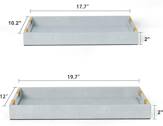 Ottoman Tray Shagreen Decorative Tray Serving Tray with Acrylic Gold Handles, 2 Pack Large Ice Blue Coffee Table Tray for All Occations Home Decor