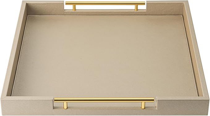Champagne Faux Leather Serving Tray with Handles,20x20inches, Large Decorative Tray for Ottoman Coffee Table Decor Living Room, Kitchen, Bathroom