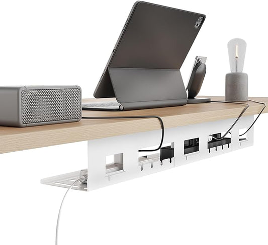 Under Desk Cable Management Tray, 31.5 Inches Metal Cord Organizer Rack, Desk Tray for Power Strip, Cord, Wire, Easy Mounting Cable Management Under Table for Home Office, White