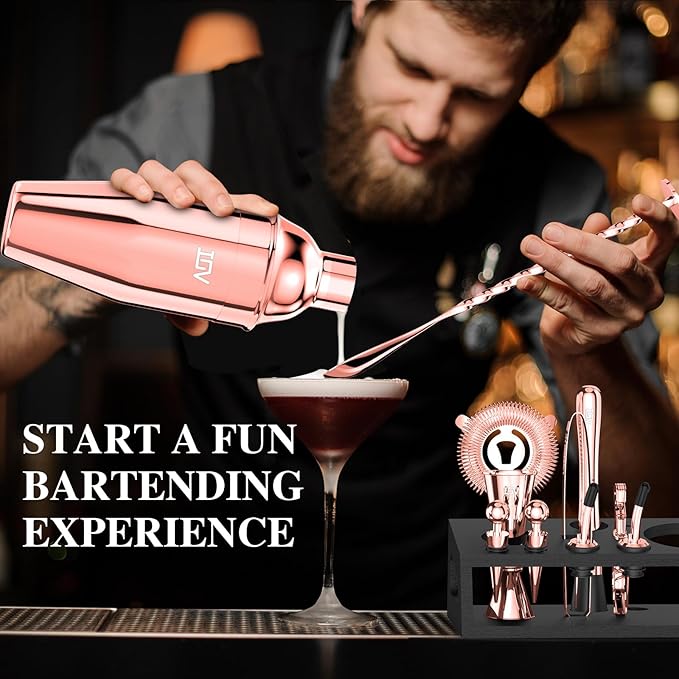 IOV Mixology Bartender Kit with Stand | 12-Piece Cocktail Shaker Set | 24oz Martini Shaker Set for Drink Mixing | Bar Set Includes All Bar Tools and Recipe Booklet | Fun Housewarming Gift (Rose Gold)