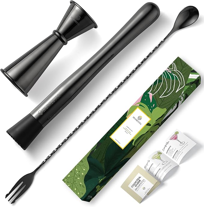 Homestia 3Pcs Black Muddler & Mixing Tools Set, 10'' Muddler, 12'' Cocktail Spoon and Double Jigger, Bar Tool Set for Beverages, Bar Accessories Tools for Mojitos Fruit Drinks (Black)