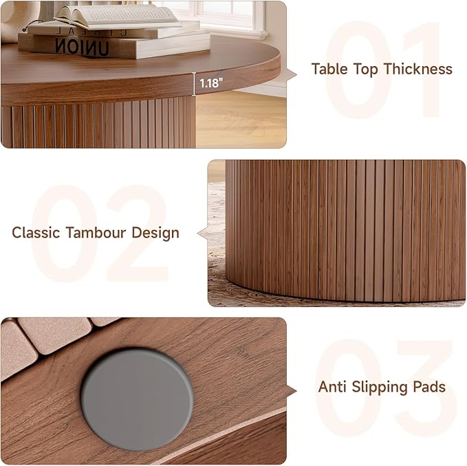 ONBRILL 31.5" Round Coffee Table, Tambour Design Coffee Tables for Living Room, Mid Century Modern Wood Coffee Table, Drum Accent Small Center Table, Walnut