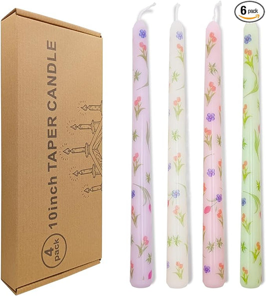 10 Inch Flower Taper Candles 4 Pcs Unscented, Smokeless, Dripless Long Tapered Candlesticks Candles for Mother's Day Birthday Dinner Dating Wedding Party Home Decor