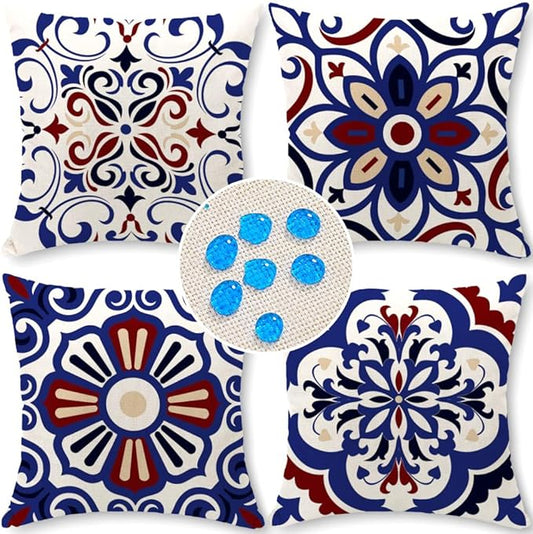 Cirzone Outdoor Pillow Covers 18x18 Set of 4 Morden Blue Geometric Patterns Waterproof Throw Outdoor Pillows Boho Decorations for Funiture Patio Garden Home