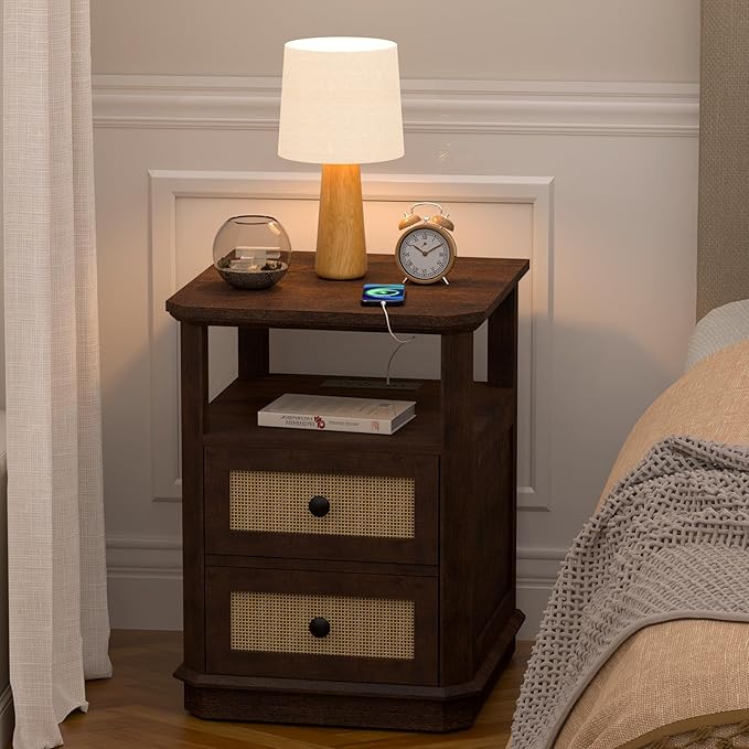 End Table Set of 2 with Charging Station, 24” Tall Sofa Side Table with Rattan Drawer, Anti-Collision Angle Wooden Night Stand for Living Room, Bedroom, Office,Cherry