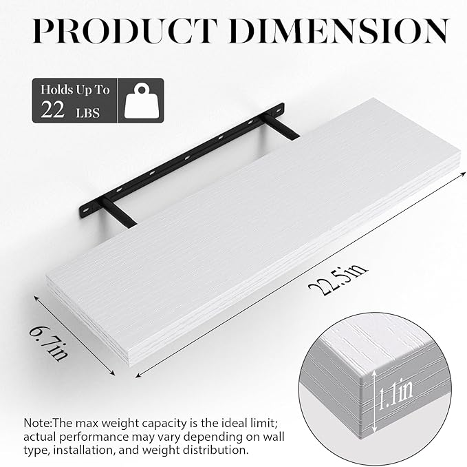 BAYKA Floating Shelves, 22.5 inch Rustic Wood Wall Mounted Shelves for Bathroom, Bedroom, Living Room, Kitchen & Office, Hanging Display Shelf with 22 lbs Capacity (White)