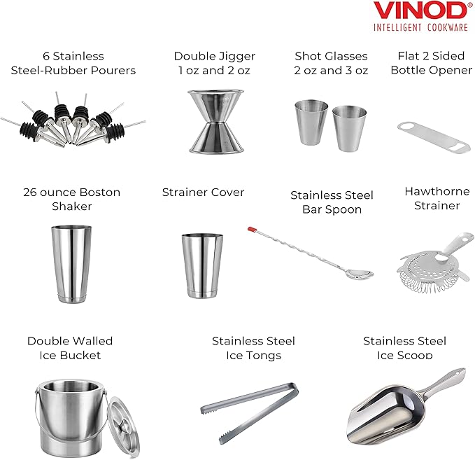Vinod Stainless Steel Cocktail Set | 17 Piece Bar Accessories Set | 26 Ounce Boston Shaker w/Strainer Rubber Pourers Bar Jigger, Cocktail Spoon & More | Drink Mixer Bar Set | Bartender Kit