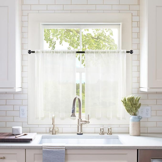 MIULEE 2 Panels Kitchen Tiers Half Window Sheer Curtains Rod Pocket Voile Drapes for Kitchen Bathroom Small Windows 29 by 45 Inch Ivory