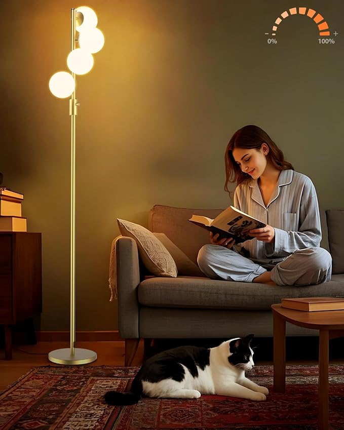 Lightdot 64IN Dimmable (Brightness Adjustable) Globe Floor Lamp, Gold Standing Lamps with 4PCS 3000K G9 Bulbs Soft Warm White Eye Care, Mid Century Modern Floor Lamp for Living Room