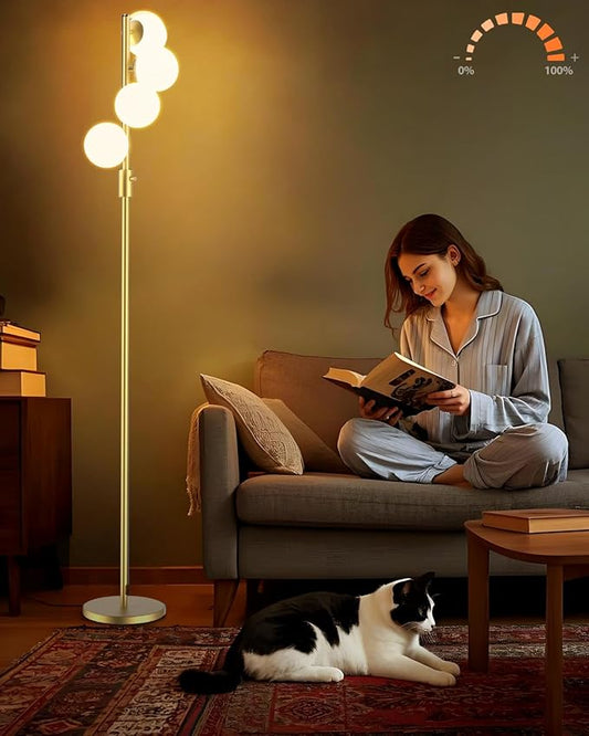Lightdot 64IN Dimmable (Brightness Adjustable) Globe Floor Lamp, Gold Standing Lamps with 4PCS 3000K G9 Bulbs Soft Warm White Eye Care, Mid Century Modern Floor Lamp for Living Room