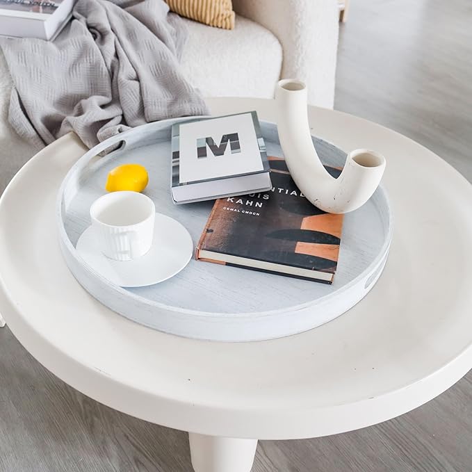 Round Decorative Tray, Extra Large Wooden Serving Tray with Handles, 11.8in White Decorative Trays for Coffee Table,Kitchen Counter,bandejas decorativas