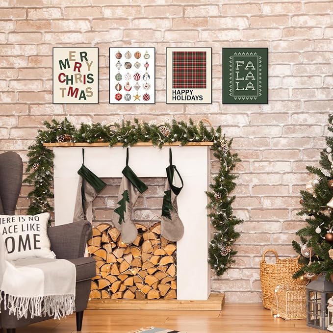 ETVISO Christmas Decor, Merry Christmas Wall Art Prints Set of 4, Retro Vintage Xmas Poster, Funny Winter Holidays Gift Print Decor for Gallery Living Room Bathroom, 8x10 (Unframed)