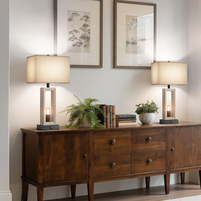 Table Lamps for Living Room Set of 2,Modern Farmhouse Decor Lamps with USB A+C Port & Nightlight,25" Rustic 3-Way Dimmable Bedside Lamps,Oat Shade Touch Nightstand Lamp for Bedroom,4 LED Bulbs