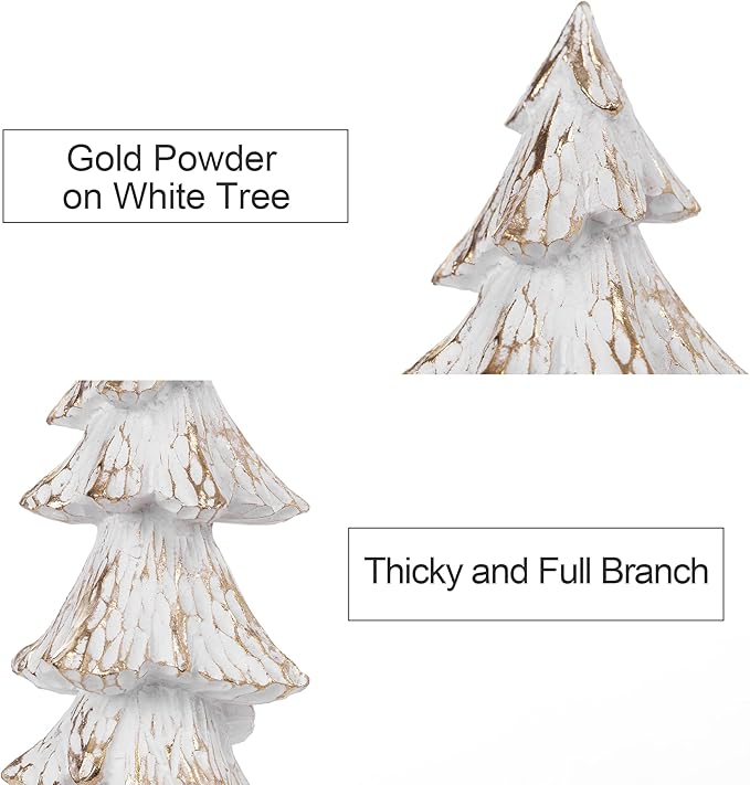 Vintage Christmas Tree Figurines White with Gold, 9.64" Tabletop Xmas Tree Ornaments Christmas Centerpieces for Mantle Desk Decor, Decorative Trees Set of 2 for Modern Farmhouse Indoor Decor