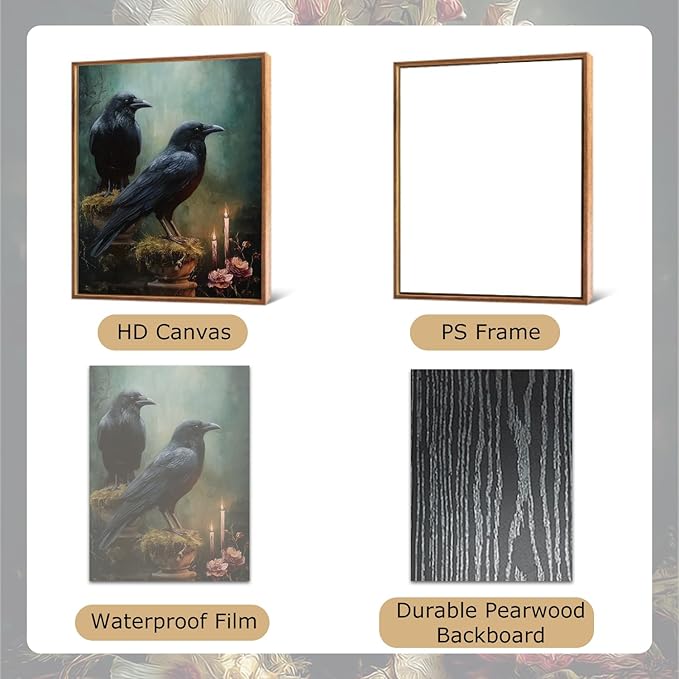 LHIUEM 12”X16”Black Crows Halloween Framed Decor Gothic Crows Canvas Wall Art Dark Academia Crow Decor Twilight Party Decorations Vintage Halloween Raven Wall Art Victorian Goth Pictures for Home