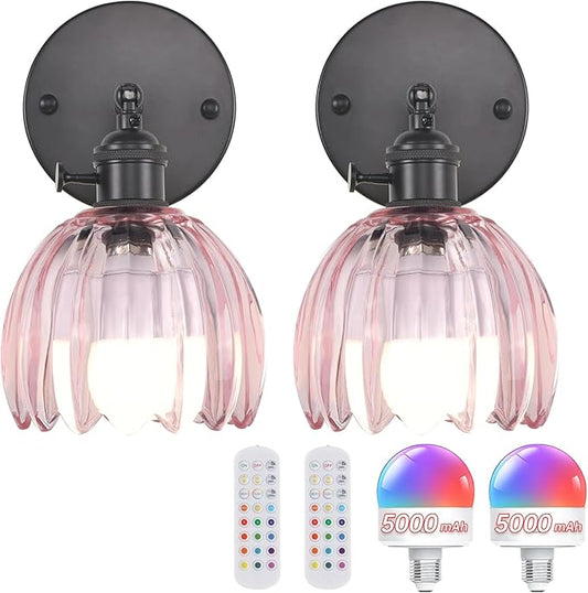 Vintage 5000 mAh Battery Operated Wall Sconce with Pink Clear Tulip Glass Lampshade Rechargeable Battery Powered Wall Light with Remote Control for Bedroom Doorway, Set of 2
