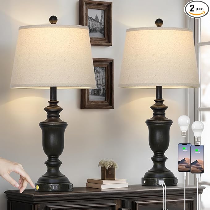 26" Black Table Lamps Set of 2 with USB C+A Ports & AC Outlet for Farmohouse Living Room Retro Bedroom,3-Way Dimmable Touch Lamp Resin Bedside Lamps for Nightstand Side End Table,Black