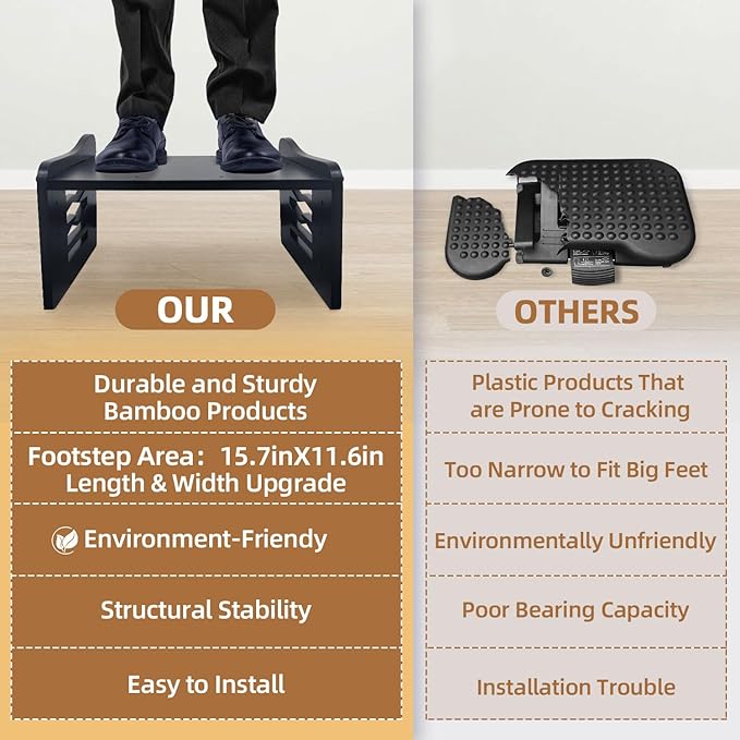 Myplace Bamboo Adjustable Under Desk Footrest with Memory Foam Pad - Ergonomic Foot Rest with 7-Level Adjust, Slanted Foot Rest Stool for Home Office Kitchen Bedroom (Black)