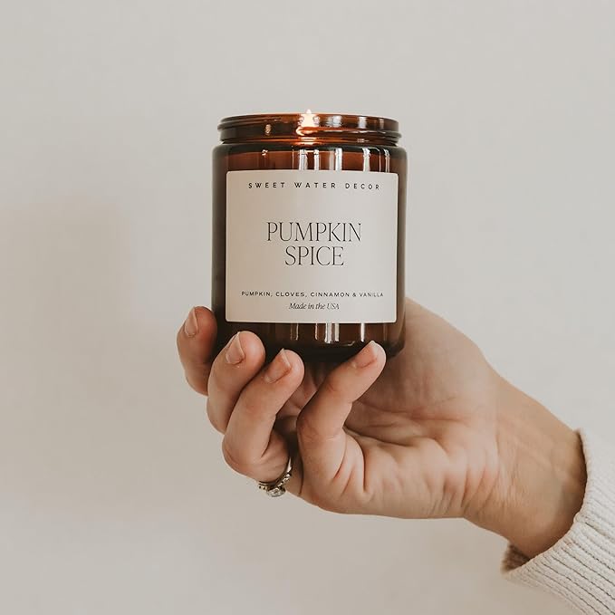 Sweet Water Decor Pumpkin Spice Candle - Fall Candles with Pumpkin, Clover, Cinnamon & Vanilla Scent for Home - Autumn Candle with 40 Hours Burn Time - 9Oz Black Lid Amber Jar Pumpkin Soy Candles