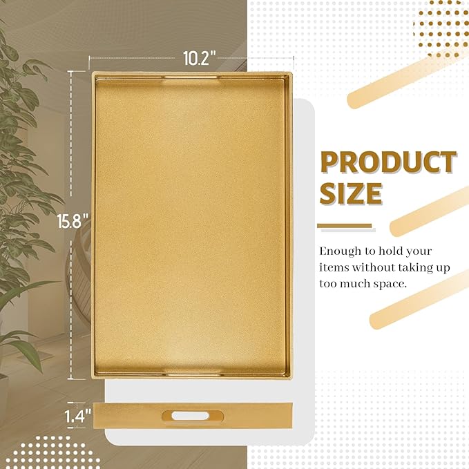 MAONAME Gold Decorative Tray for Coffee Table, Modern Serving Tray with Handles, Plastic Ottoman Trays for Living Room, Bathroom Decor, 15.8" L x 10.2" W x 1.4" H