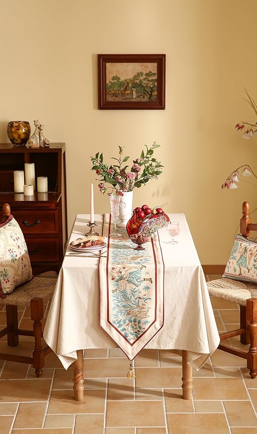 patdrea Designer Idyll Linen Extra Long Table Runner,Vintage Beige Farmhouse with Ancient Spring Figure and Animal Pattern Table Mat, Decoration for Kitchen Dining Banquet Christmas ,12"*102"