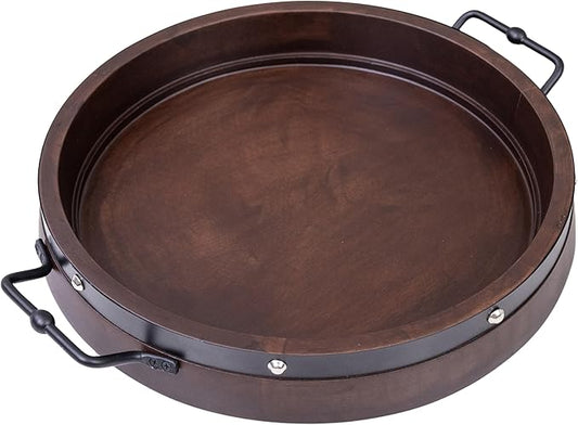 16" Large Round Ottoman Tray, Heavy Duty Mango Wood, for Serving Tea, Breakfast in Bed, Living Room Large Coffee Table Tray Rustic with Farmhouse Style, Decorative Handles and Accent Strap