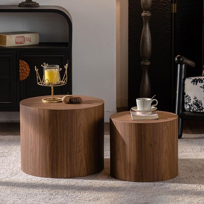 Nesting Coffee Table Set of 2, Wood Round Coffee Table, Modern Coffee Table for Small Space Living Room, Walnut