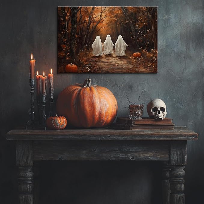 BANHUA1 Vintage Halloween Canvas Wall Art, Cute Ghosts in Haunted Forest Pictures Print, Funny Spooky Lighted Pumpkin Wall Decor for Home, Living Room, 18 x 12 Inch
