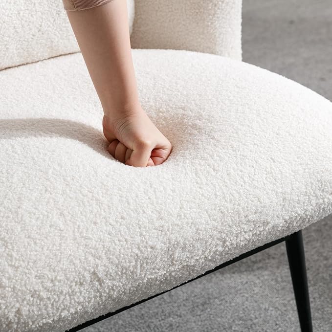 LukeAlon Modern Sherpa Accent Chair Upholstered Single Sofa Chair with Pillow & Black Metal Legs, Comfy Vanity Chair for Living Room, Bedroom, Office, White