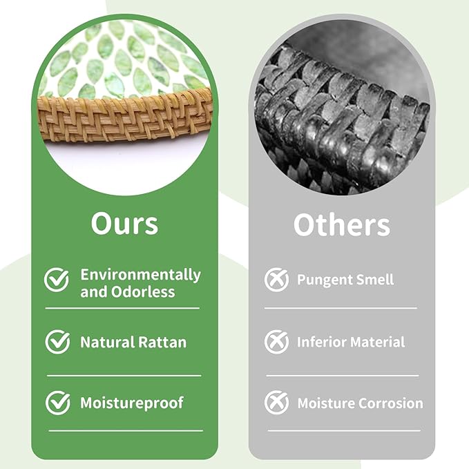 Round Rattan Tray with Mother of Pearl Inlay, Decorative Rattan Serving Tray for Home Boho Decor, Coffee Table, Bread, Food, Tea Ottoman Trays, Fruit Wicker Basket,100% Natural Materials Green- 12"