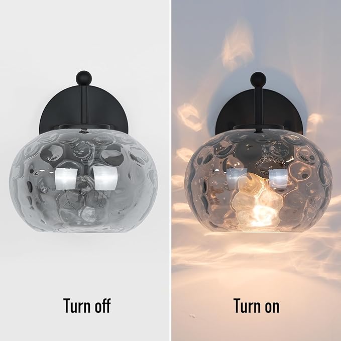 Matte Black Wall Sconce Light Smoked Hammered Glass Vanity Lighting Modern Grey Shade Wall Lamp for Bathroom Over Mirror