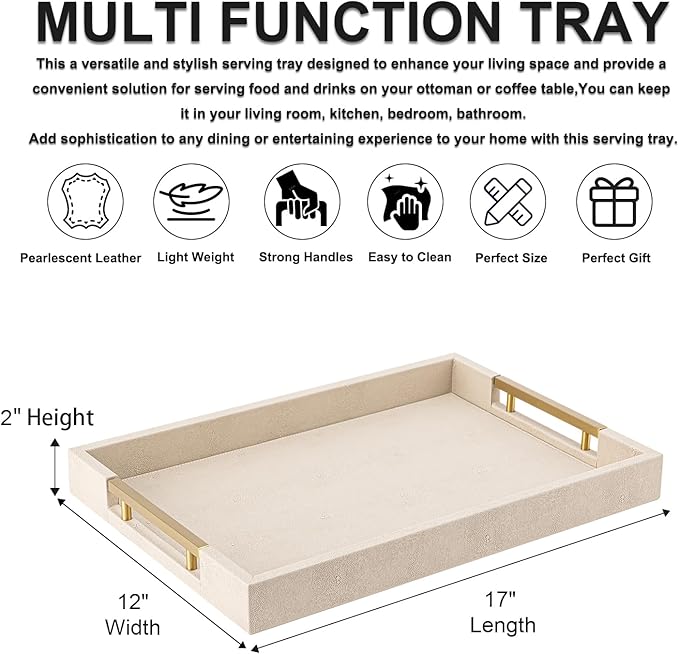 Beige Faux Leather Serving Tray with Handles – Large Decorative Tray for Coffee Table, Ottoman, Living Room, Bathroom – Home Decor