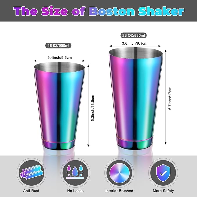 Lallisa 10 Pieces Cocktail Shakers Professional Bar Boston Shaker Set Stainless Steel Martini Shaker Drink Mixer Basic Tools Weighted Shake Metal Can for Bartenders, 18 Oz, 28 oz(Rainbow)