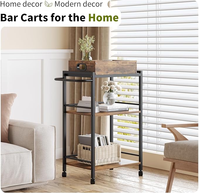 3-Tier Bar Cart for The Home, Rolling Cart with Wheels and Handle, 3-Tier Serving Cart with Removable Tray, Kitchen Carts on Wheels with Storage