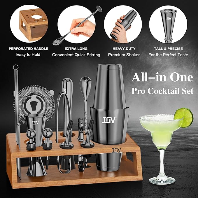 IOV Mixology Bartender Kit Bar Set with Stand | 17-Piece Cocktail Shaker Set | 28oz Boston Shaker Drink Mixer Set with All Essential Accessory Tools | Fun Housewarming Gift (Black)