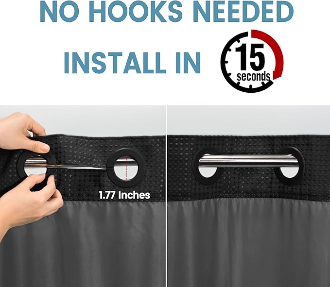 Black Long Shower Curtain with Liner - 230GSM Waffle Textured Heavy Duty Shower Curtains for Bathroom,71W x 86H