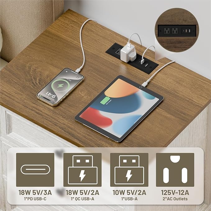 Nightstand with Charging Station, 24” Wide End Table with 3 Drawers, Modern Bedside Table with Storage, Wood Small Dresser for Bedroom Living Room. (White)