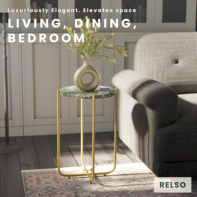 Relso Urdhva End Table – 24" Tall Round Side Table with Real Green Marble Top & Gold Metal Frame | Luxury Accent Table or Plant Stand for Living Rooms, Modern Homes, & Small Spaces